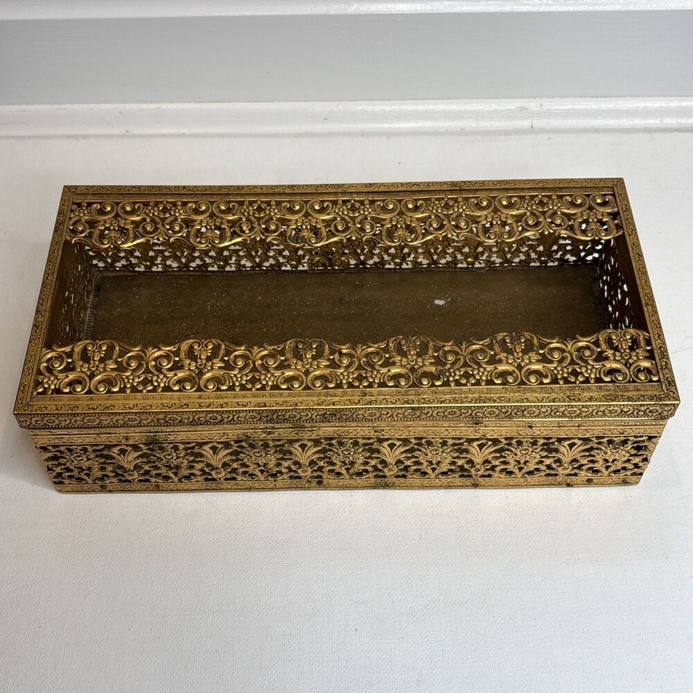 MCM Gold Tone Tissue Kleenex Box Filigree Holder Ornate Hollywood Regency